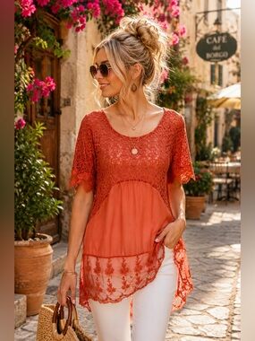 Gimmicks by BKE Coral Lace Tunic Top M Boho Sheer Beaded Festival